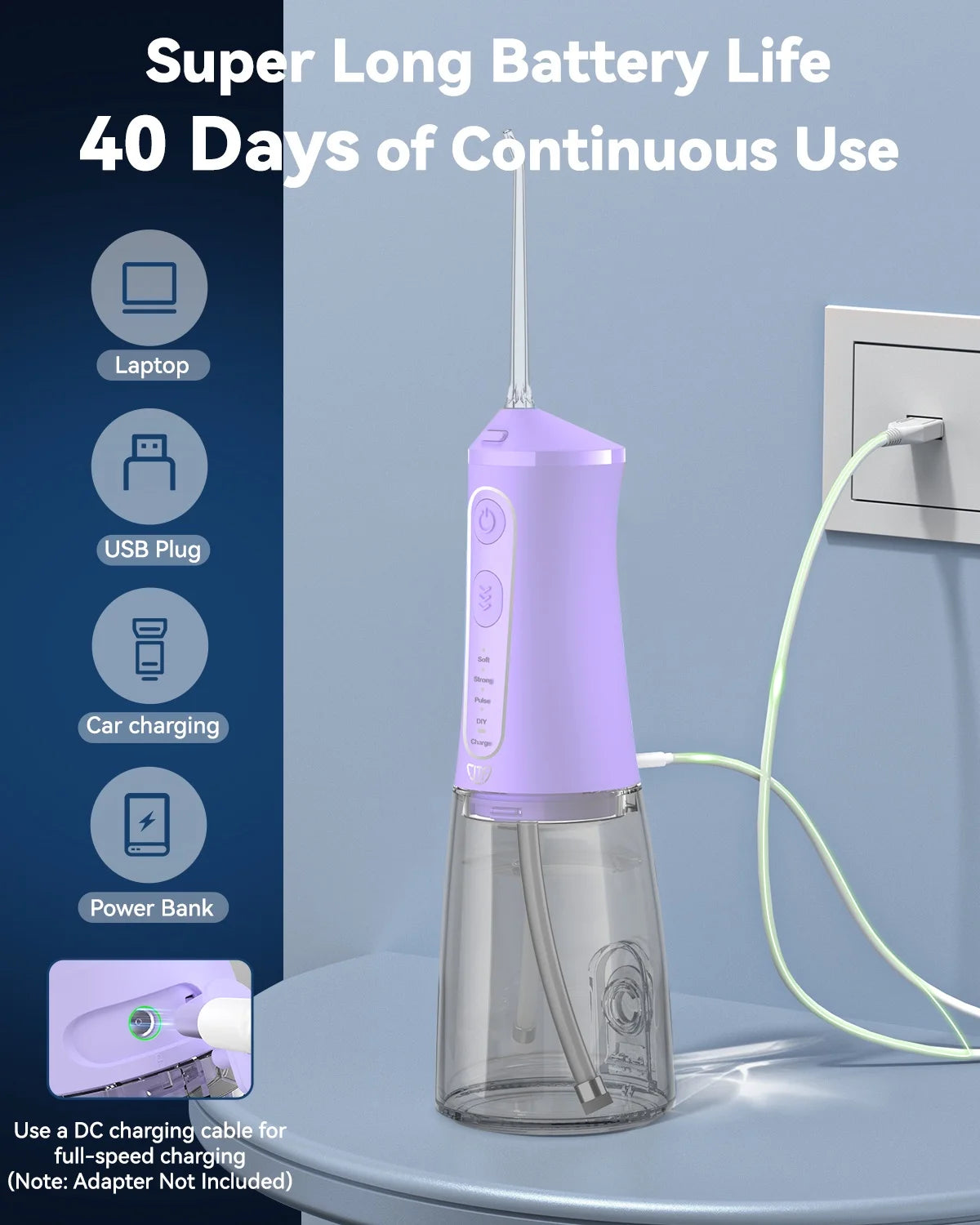 Cordless Water Flosser Dental Teeth Cleaner with 9 Jet Tips, DIY Mode 300ML Tank IPX7 Waterproof Portable Rechargeable Water Flosser Dental Oral Irrigator for Home and Travel, Purple
