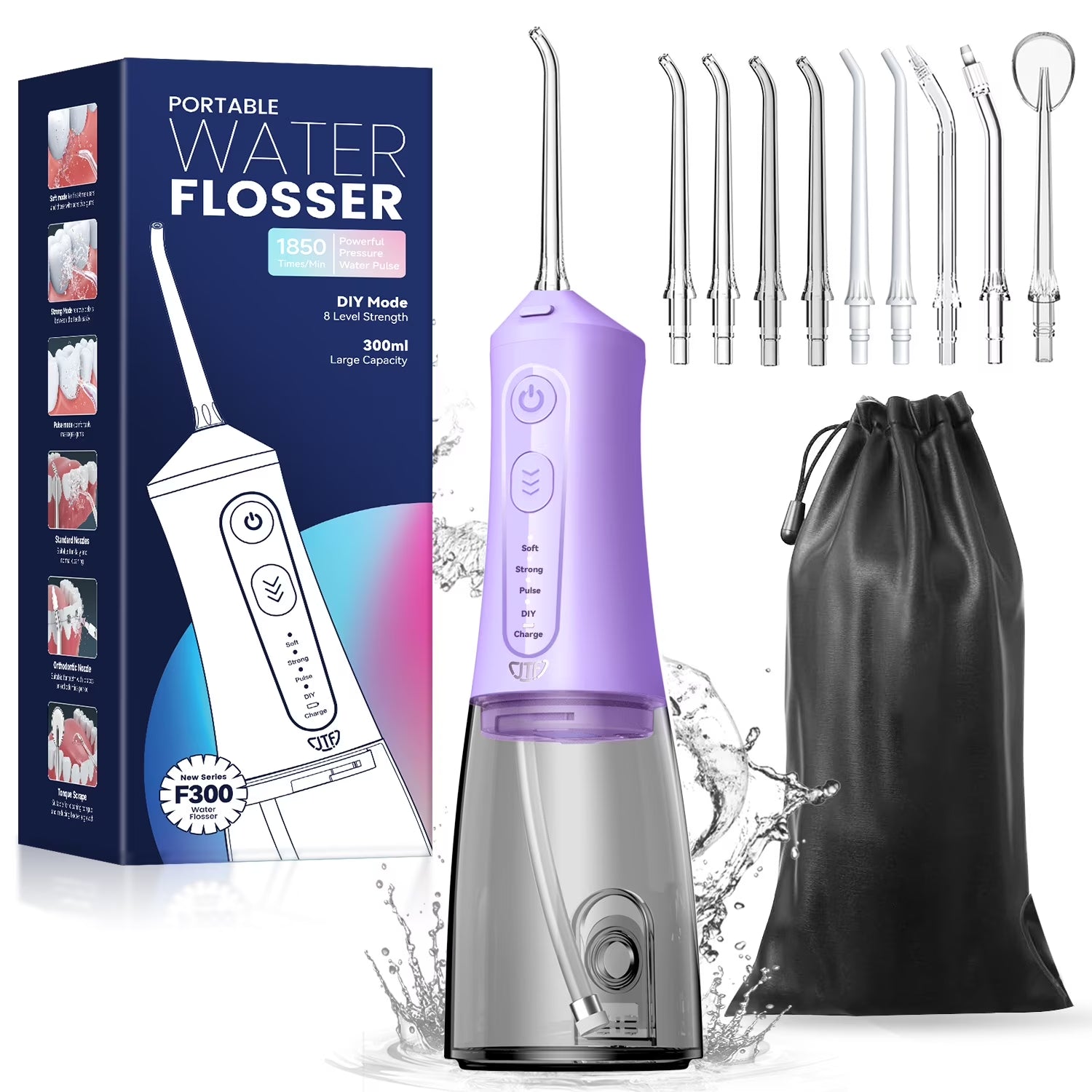 Cordless Water Flosser Dental Teeth Cleaner with 9 Jet Tips, DIY Mode 300ML Tank IPX7 Waterproof Portable Rechargeable Water Flosser Dental Oral Irrigator for Home and Travel, Purple
